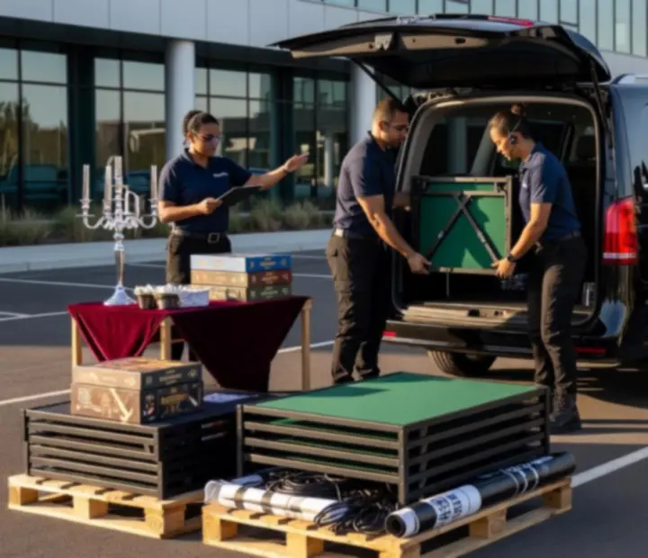 Mobilna ekipa eventowa NAXSOL ENTERPRISES LTD przygotowująca sprzęt do wyjazdowego eventu