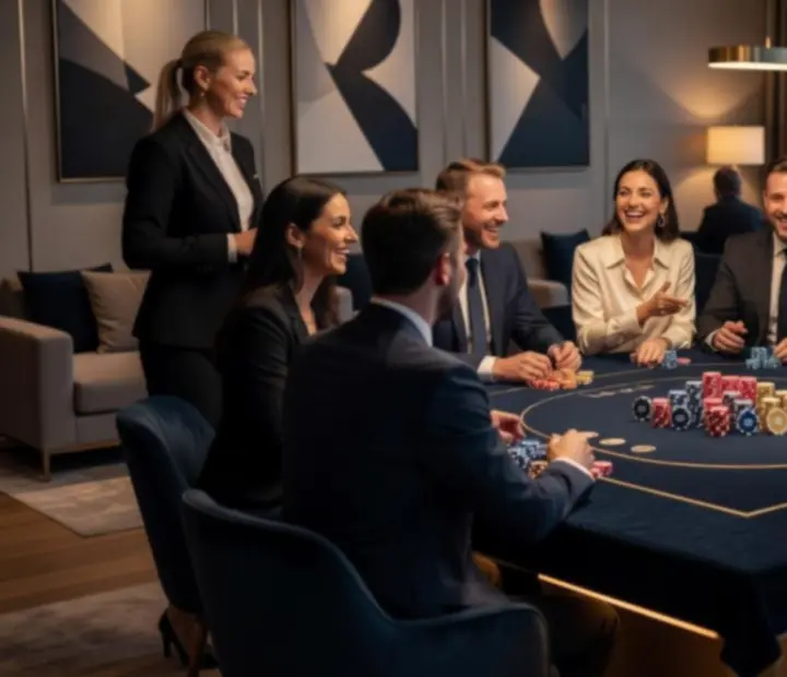 Zespół firmowy integrujący się przy symbolicznym stole pokerowym